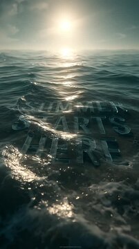 tropical ocean animation with gentle waves moving continuously. Endless summer loop featuring giant 3D glass typography, calm sea atmosphere and luxury vacation mood.