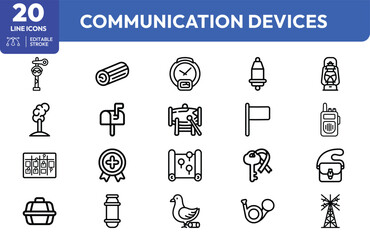 Antique Signaling Devices icon set. Containing telegraph machine, semaphore tower, signal horn, carrier pigeon, smoke signal, Morse code key. Editable stroke. Vector illustration. © khopidd232