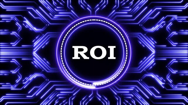 Abstract futuristic circuit board glowing with purple light and ROI text.