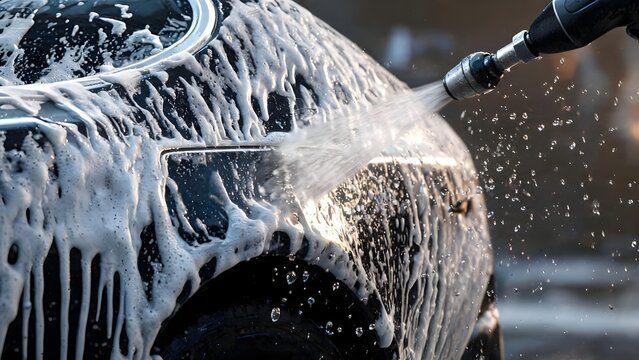 Manual Car Wash with White Soap Foam and High Pressure Water Spray. Professional Auto Cleaning and Vehicle Detailing Service