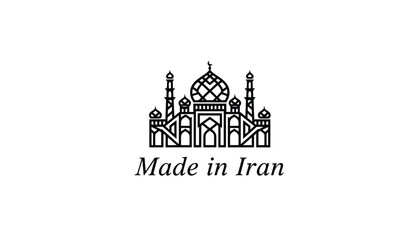 Obraz premium Monochrome text emblem Made in Iran with detailed line art of an oriental dome building on a white background.