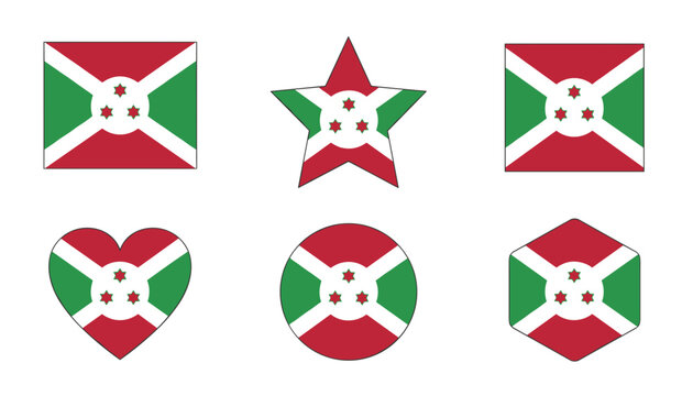 Collection of six differently shaped national flag icons of Burundi including heart, star, and hexagon frames.