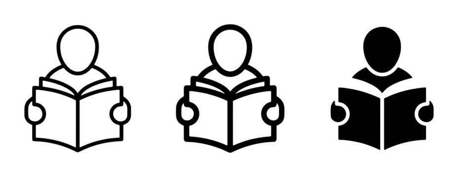 Reading Person Icons: Line Art, Outline, and Solid Silhouette for Education, Knowledge, and Learning Concepts