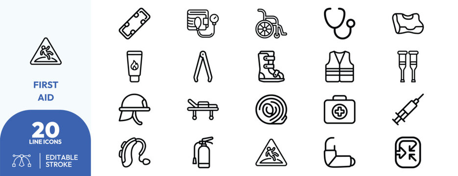 Trauma Care icon set. Containing crutches, wheelchair, bandage, stethoscope, syringe, stretcher, helmet, fire extinguisher, splint. Editable stroke. Vector illustration.