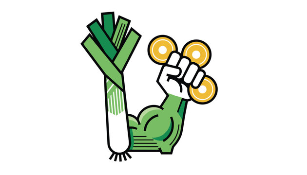 Powerful muscular green arm holding a colorful fidget spinner next to a healthy fresh green leek on a white background.
