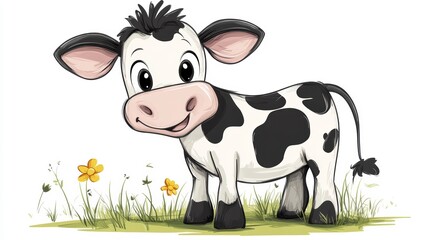 Adorable cartoon calf standing in a field of flowers.