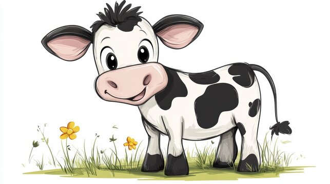 Adorable cartoon calf standing in a field of flowers.