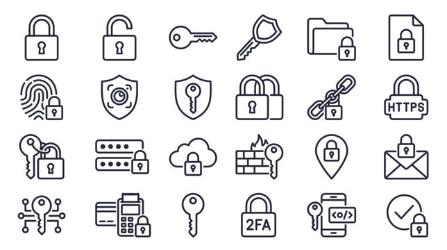 Digital Security Icons: Lock, Key, Fingerprint, Shield, Cloud, HTTPS, 2FA