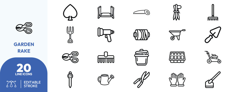 Landscaping Tools icon set. Containing spade, rake, pruning shears, watering can, wheelbarrow, garden hose, seedling pots, gloves, trowel, broom, scissors. Editable stroke. Vector illustration.