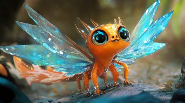 Adorable orange dragon with cyan glass wings, standing on a rock.