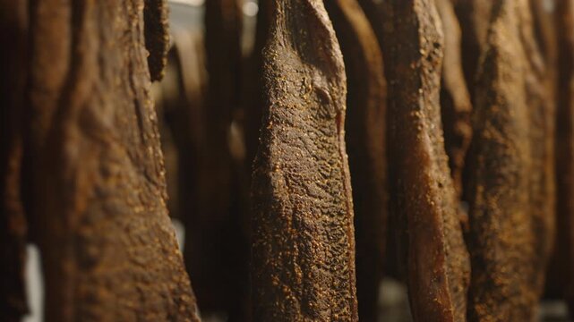 Long dry cured biltong strips hang closely packed, their rough spice crust textures filling the frame in warm light.