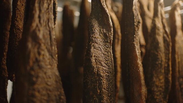 Thick dry biltong slabs hang on metal rails in a South African curing facility, with rough textured surfaces in warm light.