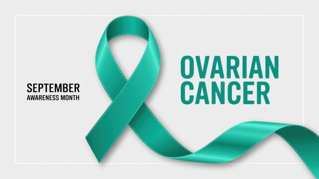 Teal Awareness Ribbon For Ovarian Cancer With September Text On White Background