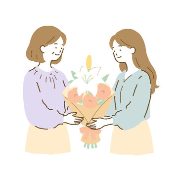 花束を贈る二人の女性 お祝い・送別・感謝の人物イラスト