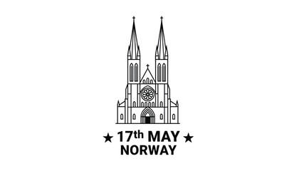 Obraz premium Norway constitution day greeting template on May seventeenth showing a majestic gothic church outline with stars.