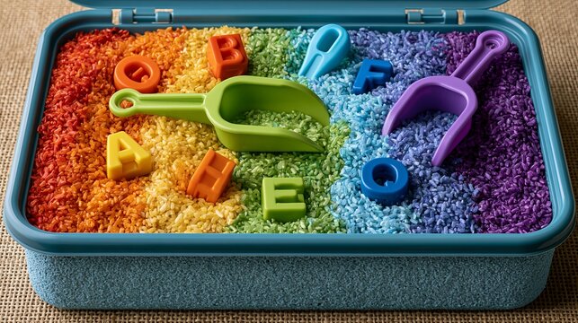 Colorful sensory bin filled with rainbow rice, alphabet blocks, and small scoops, perfect for early childhood learning and playful exploration