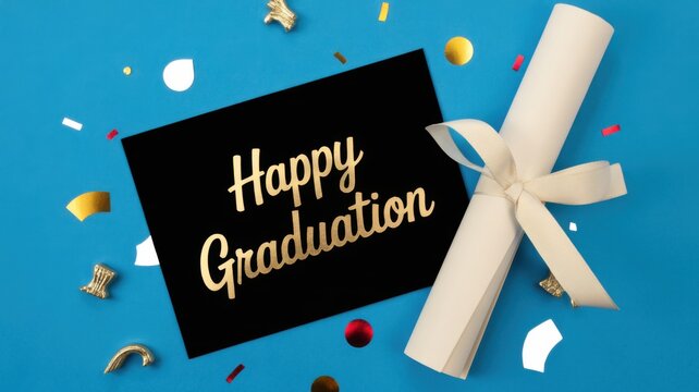 Happy Graduation Card With Diploma Scroll And Confetti On Blue Background