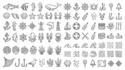 Nautical Doodle Icons: Ocean, Sea, Marine Life, Sailing, and Beach Elements © aa