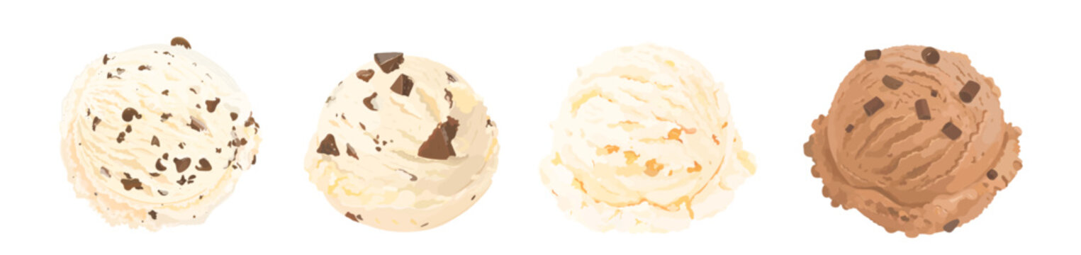 Vector hand drawn set of vanilla and chocolate ice cream scoop with fruits, nuts and chocolate chip. Summer dessert illustration isolated on white. Perfect for menu, packaging and dessert design.