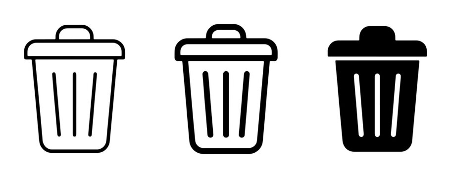 Trash Can Icons, Waste Bin Symbols, Delete Button Graphics. Set of three minimalist vector illustrations for digital interfaces, representing disposal and removal actions.