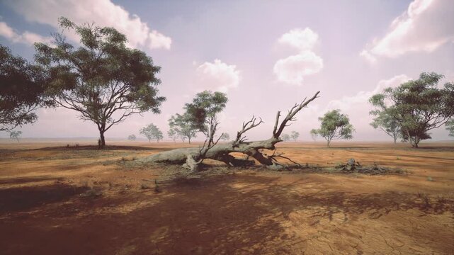 Broken trunk foreground with distant young trees and soft sky, warm earthy tones, gentle light suggesting quiet persistence after dry season
