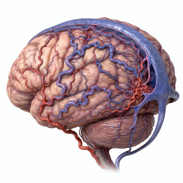 Detailed Human Brain Anatomy with Cerebral Arteries and Veins 3D Medical Illustration