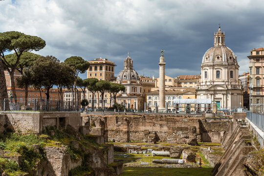 The Imperial Forums with church domes, Rome, Italy