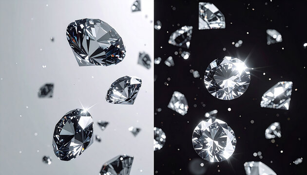 Elegant Floating Sparkling Diamonds and Gemstones on Contrasting Black and White Backgrounds 3D Illustration