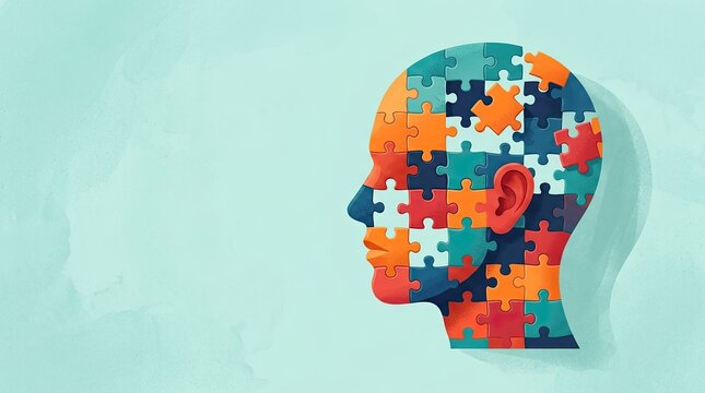 Human head silhouette composed of colorful jigsaw puzzle pieces concept art