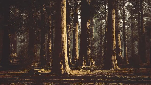 Golden forest trunks illuminated by warm low sun, rich amber tones and deep shadows on leafstrewn ground, textured bark highlighted, tranquil late afternoon