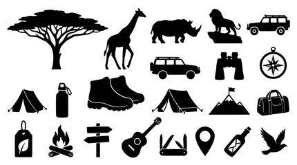 African safari silhouette icons with acacia tree giraffe rhino lion and vehicles on white © MdMasum