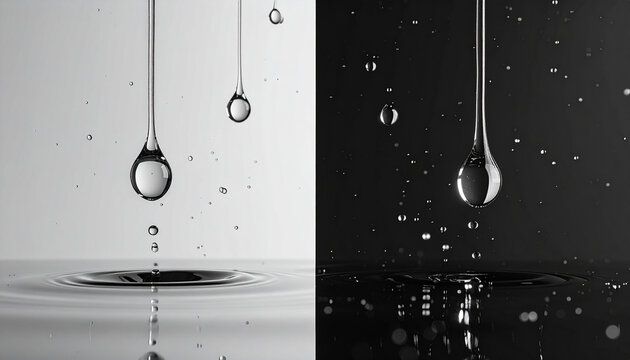 Minimalist black and white split screen of water droplets falling and creating ripples on fluid surface