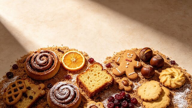 Warm Beige Stone Flat Lay Assorted Christmas Holiday Pastries, Cinnamon Rolls, Gingerbread Cookies, Orange Slice, Chestnuts and Dried Cranberries