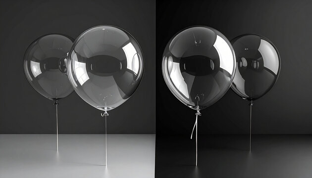 Minimalist 3D Render of Transparent Glossy Balloons Floating Against a Dark Monochrome Background
