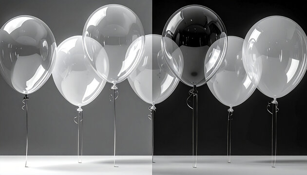 A row of transparent, white, and black balloons against a split light and dark grey background.