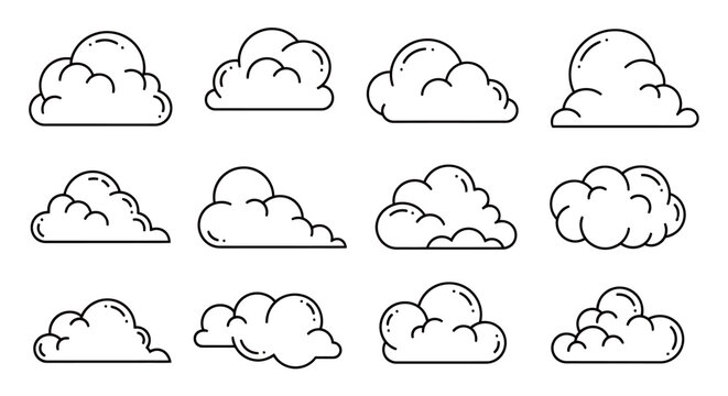 Collection of hand-drawn cloud icons in outline style with various shapes.