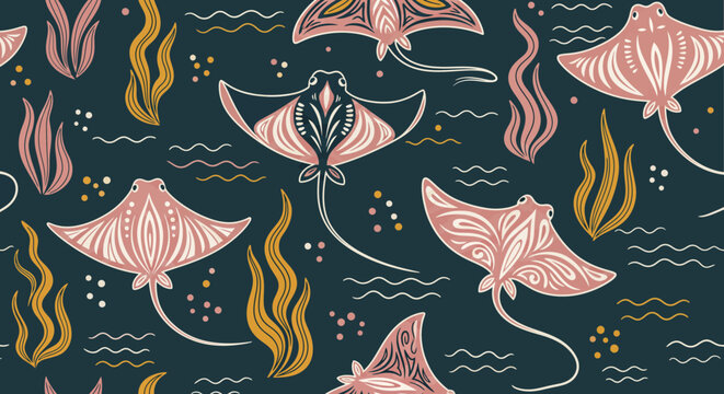 Folk art style manta rays and seaweed in a seamless underwater pattern