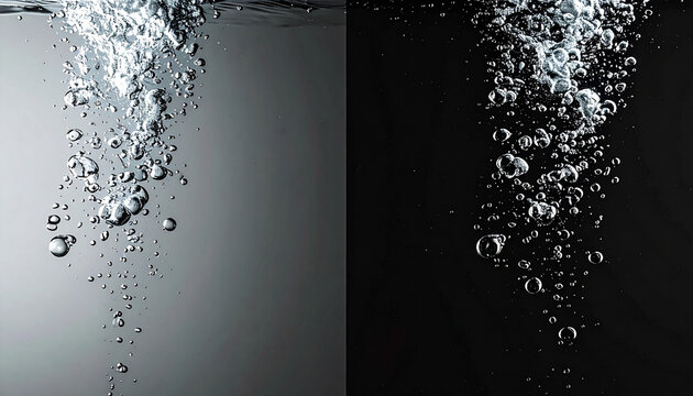 A split image showing streams of effervescent bubbles rising through water, with a light grey background on the left and a dark black background on the right.