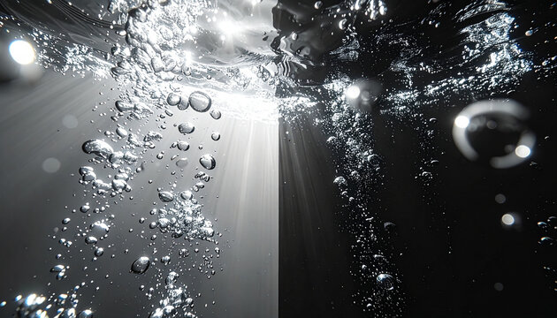 Underwater Air Bubbles Rising Towards the Surface with Dramatic Light Rays in Deep Dark Water