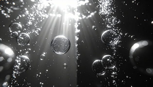 Sunlight filtering through water, illuminating rising bubbles in a dark, moody underwater scene