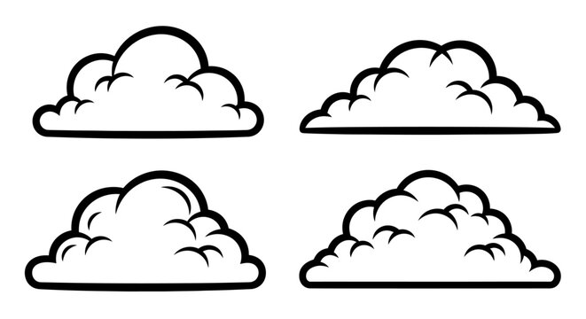 Four outlined cloud doodles in a row, simple vector illustration.