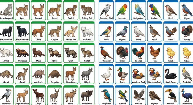 Educational flashcards of wild animals and birds colorful illustration set with text labels featuring vocabulary learning cards bundle