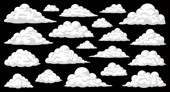 Rows of white fluffy clouds arranged in a repeating black background pattern.