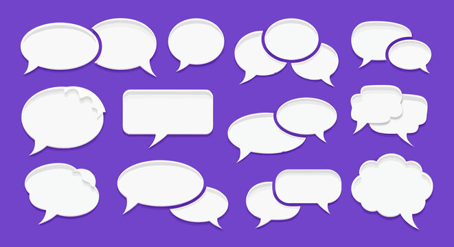 Collection of white speech bubbles on purple background icons for chat and messaging.