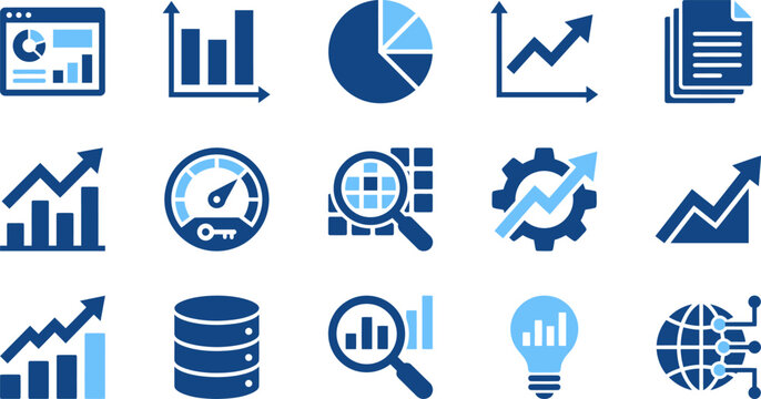 Modern corporate strategy icons showing growth, finance, and workflow success