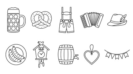 Fototapeta premium A set of nine black line icons depicting various traditional german oktoberfest symbols and objects