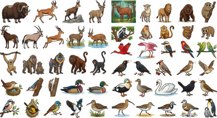 Fototapeta premium Wild animals and diverse birds mega colorful illustration set featuring safari wildlife jungle monkeys and nature birds bundle