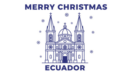 Fototapeta premium Merry Christmas greeting card for Ecuador featuring a gothic cathedral line drawing and blue snowflakes on a white background.