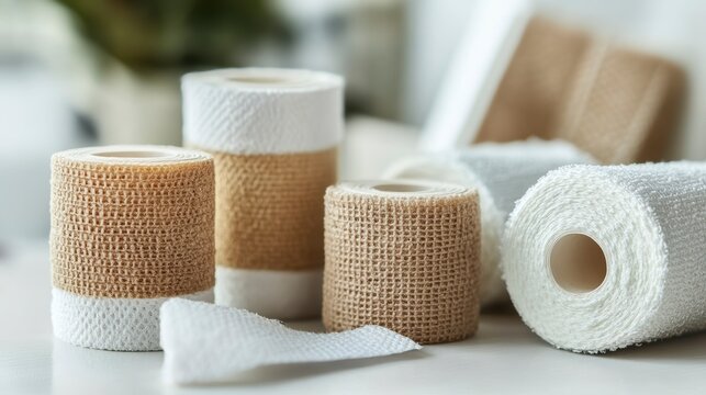 Close-up of various medical bandages, rolls of white and beige fabric, gauze.