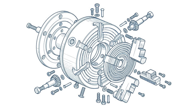 Exploded view of a mechanical industrial lathe chuck assembly